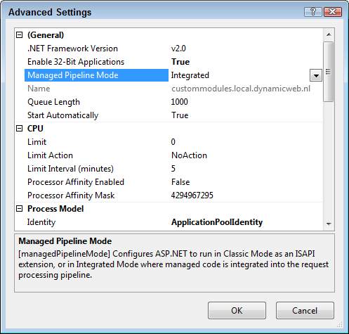 The Application Pool settings dialog for the application